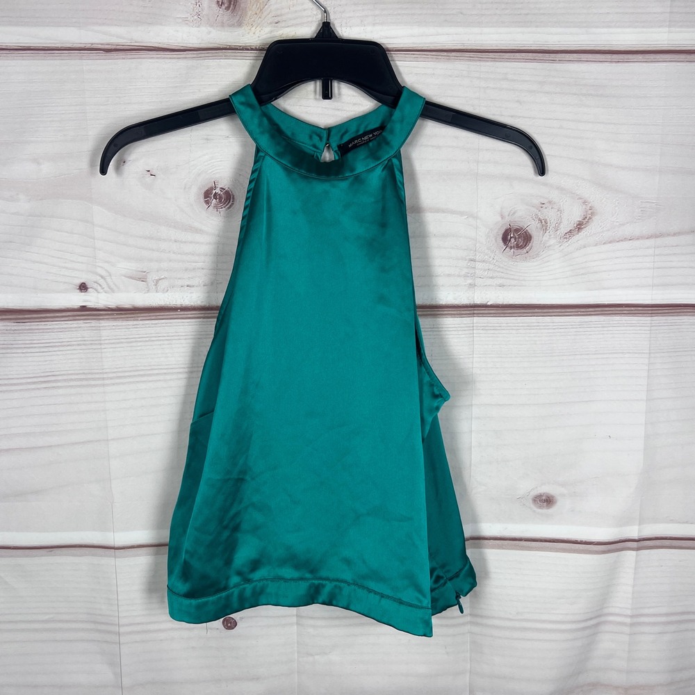 Marc New York Halter Top Women Medium Green Satin Keyhole Sleeveless Blouse Crop